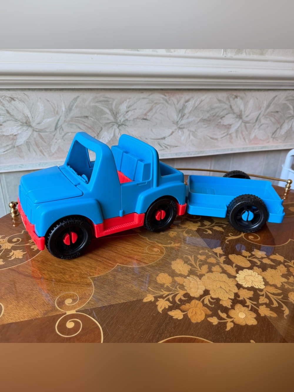 Vintage 1990's Playskool Jeep Truck with Trailer Blue & Coral EUC